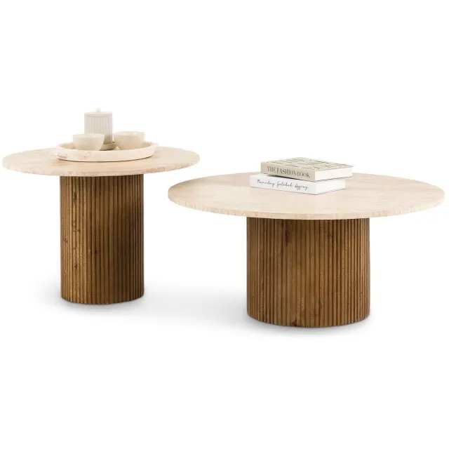 IDIMEX Salontafelset NARMADA/MANDI met rond tafelblad van travertijn – bruin/beige