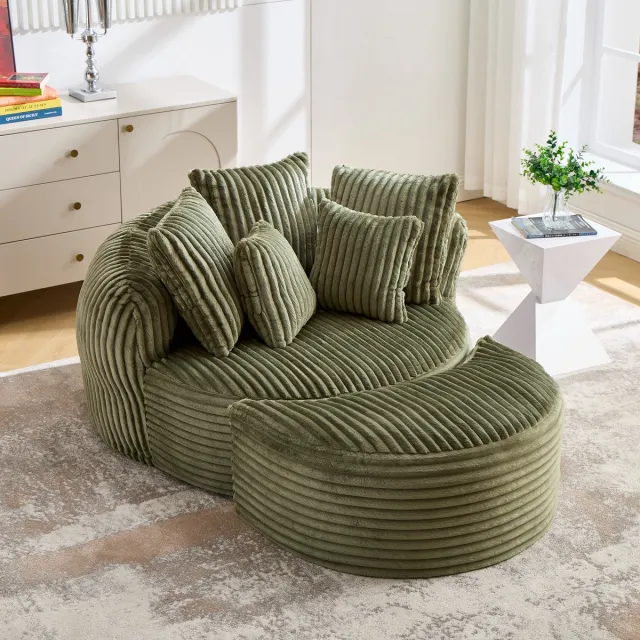 STILVORA Fauteuil 168 x 123 x 63 Cm - Met Hocker En Vijf Kussens - Voor Woonkamer, Slaapkamer En Speelkamer - Chenille Ribstof Smaragdgroen