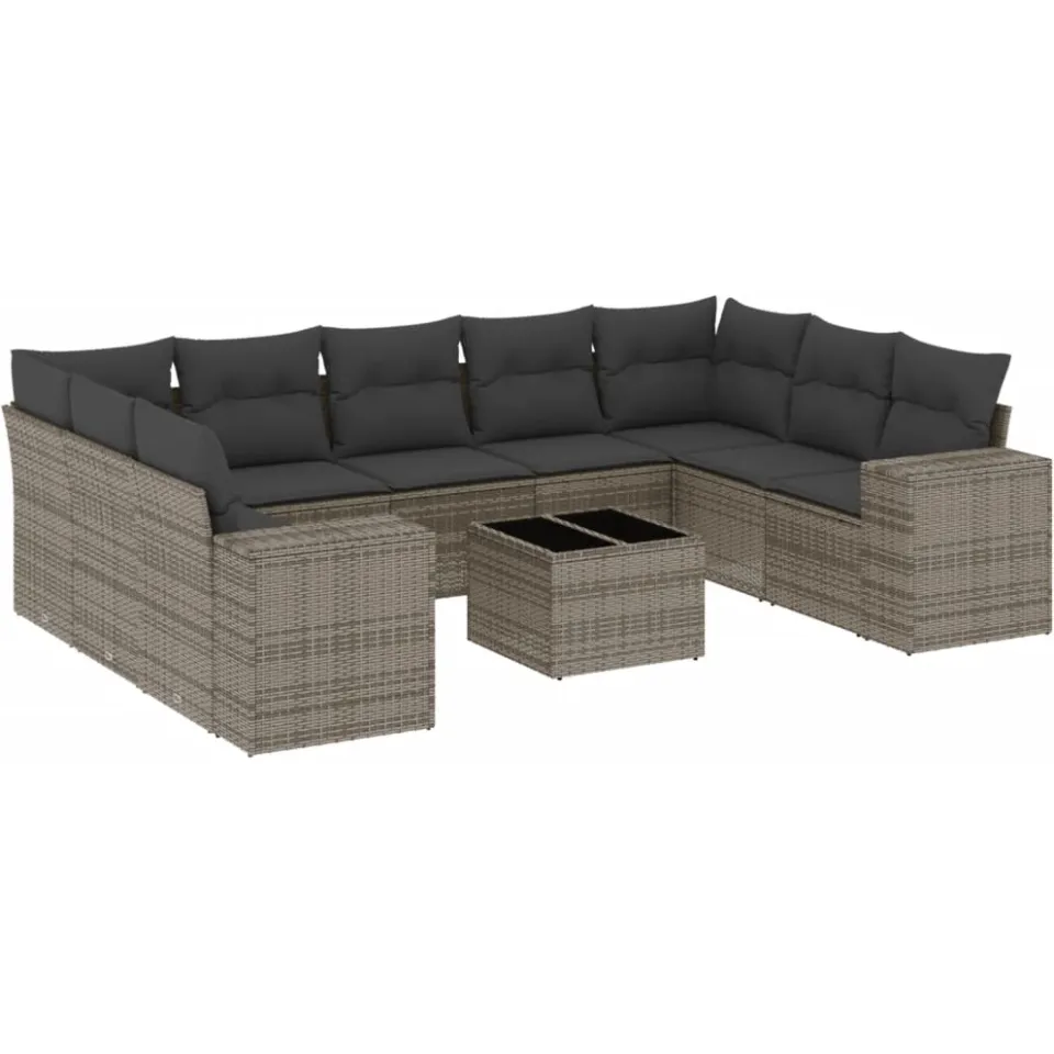 vidaXL 10-delige Loungeset met kussens poly rattan grijs, foto 3