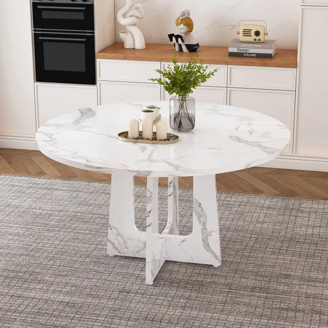 STILVORA Eettafel - Ronde Tafel Met Marmerlook En Verstelbare Voeten - Voor Eetkamer En Keuken - MDF - 120x120x76 Cm - Wit