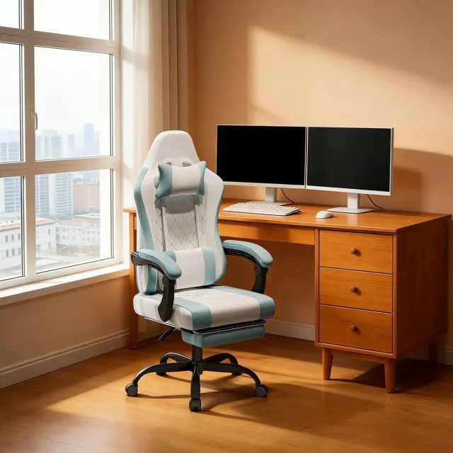 REDOM Bureaustoel / Gamingstoel - Ergonomisch - Draaibaar - Massage lendenkussen - Verstelbare hoogte - Mesh - Blauw/Wit - 70 x 70 x 127 cm