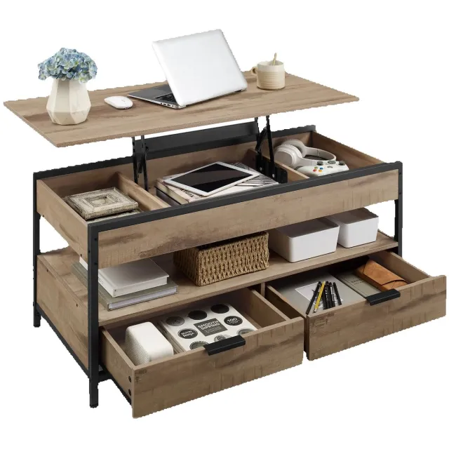 NordHaus Salontafel - Woonkamertafel - Koffietafel - In hoogte verstelbaar - Met lades - Camelbruin, 50 x 100 x 48–63 cm