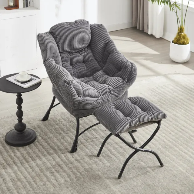 MEUNIQ Fauteuil 70 x 64 x 95 cm met Ottoman, Armleuningen en Zijvak, Grijze Stoffen Loungestoel met Stalen Frame voor Woonkamer en Slaapkamer Grijs