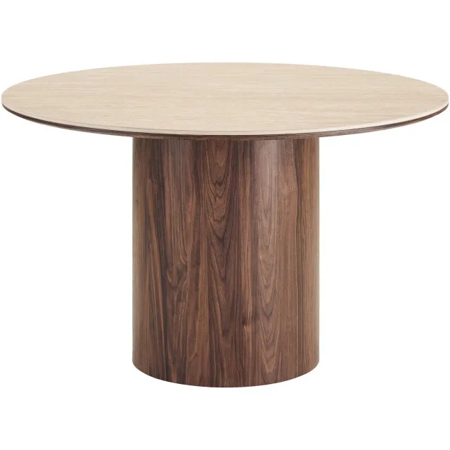 House Nordic Minamata eetkamertafel Ø120cm, keramisch tafelblad travertin, walnootdecor. Grijs