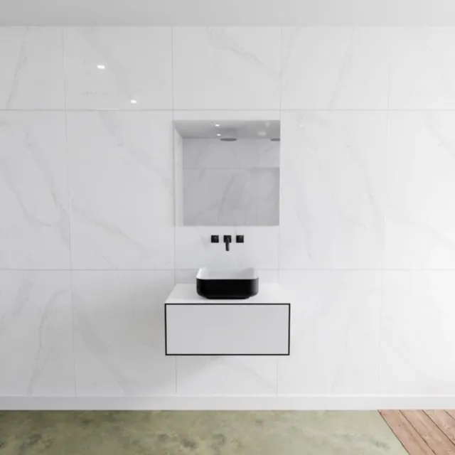 Mondiaz Badkamermeubelset Mondiaz LAGOM 70 cm Topblad met Gecentreerde Wastafel Solid Surface Opzetkom Binx Zonder Kraangat Mat Zwart (1 lade)