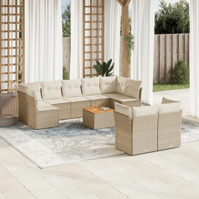 vidaXL 10-delige Loungeset met kussens poly rattan beige, foto 2
