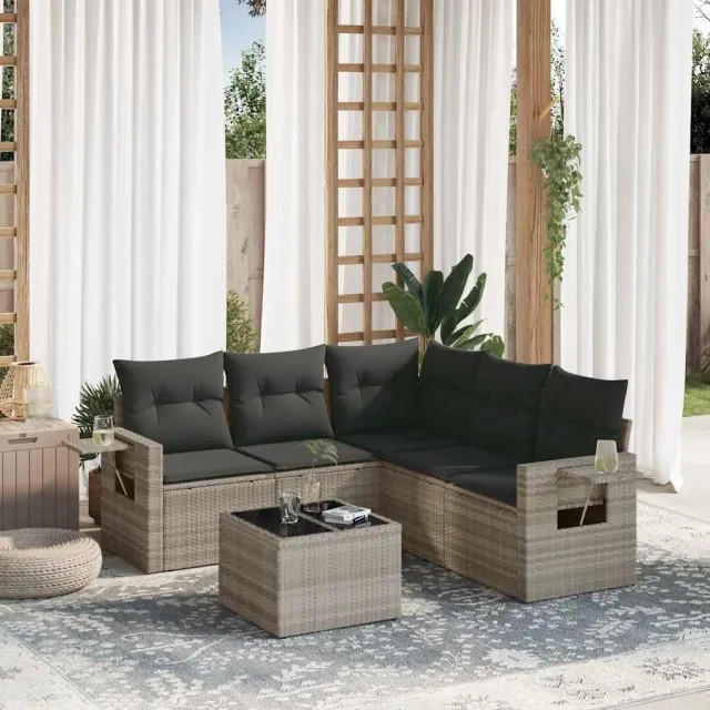 vidaXL 6-delige Loungeset met kussens poly rattan lichtgrijs grijs, foto 2