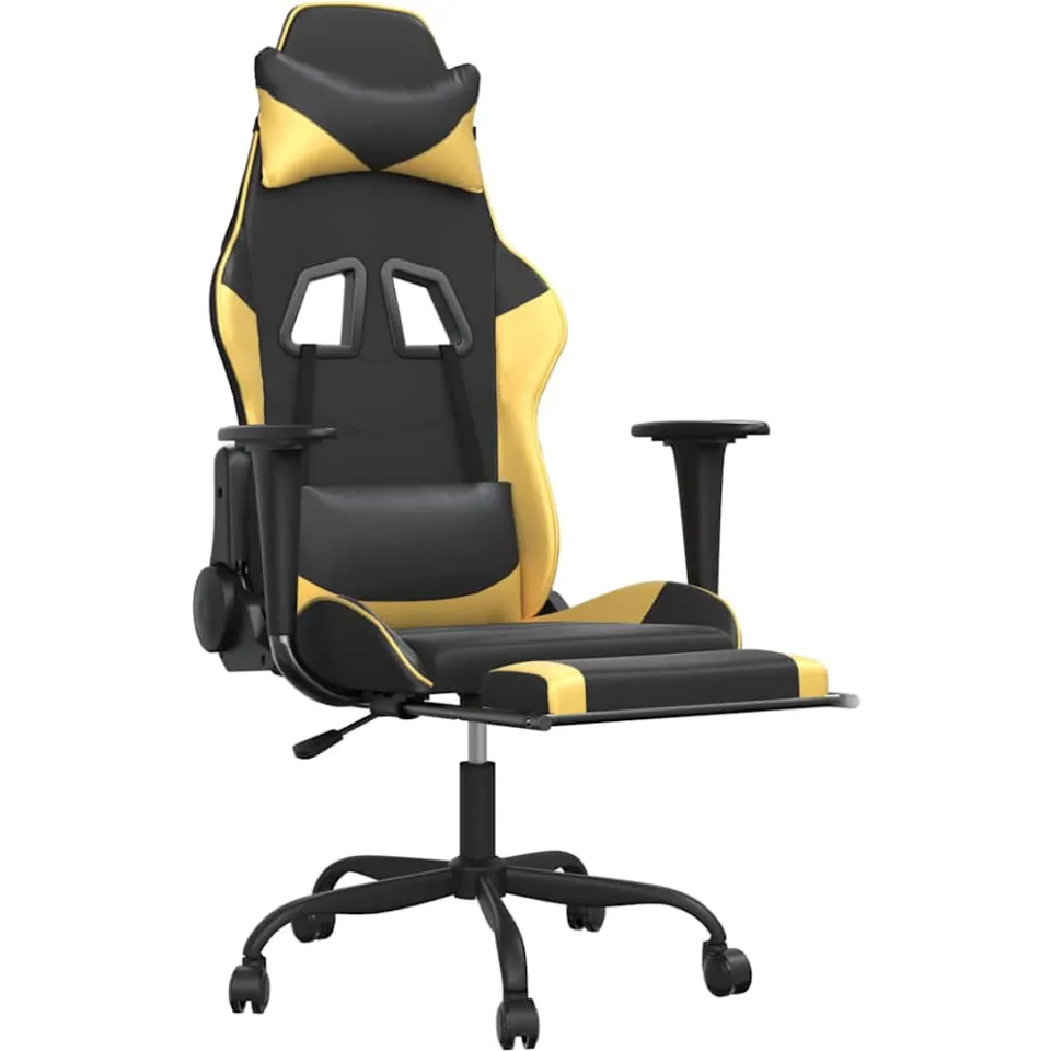 vidaXL Massage gamestoel met voetensteun kunstleer zwart/goudkleurig