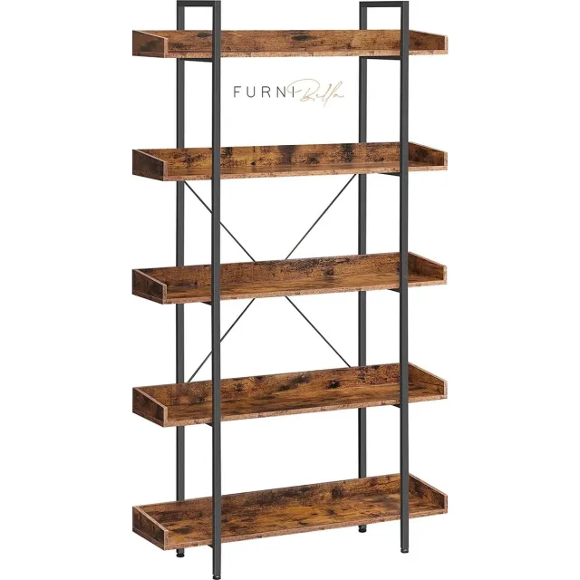 Furnibella boekenkast, 5-vaks staande plank, opslag plank, industrieel ontwerp, eenvoudige montage, voor woonkamer, slaapkamer, kantoor, vintage bruin-zwart... Vintage bruin zwart