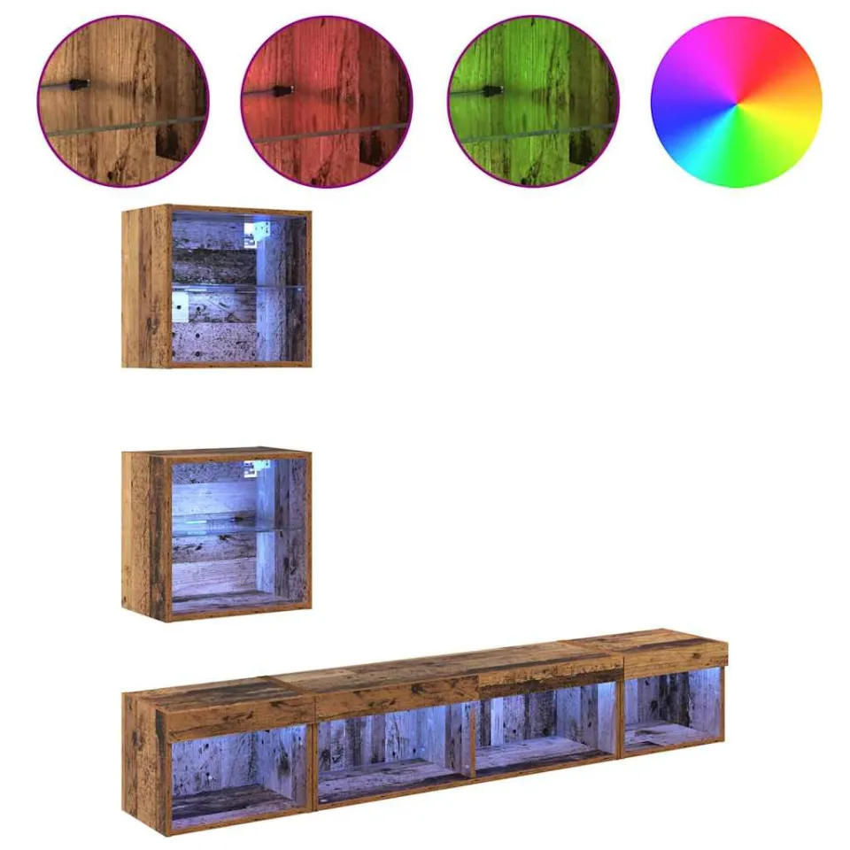 vidaXL TV Wand Eenheden met LED 5 st Oud hout Bewerkt hout bruin, foto 4