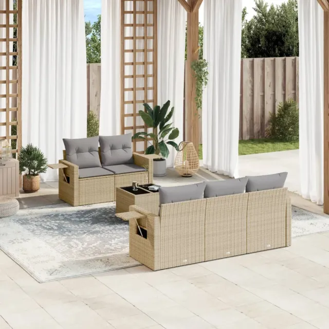 vidaXL 6-delige Loungeset met kussens poly rattan beige, foto 2