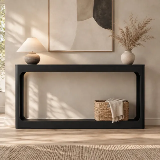 MEUNIQ Sidetable 140 x 30 x 79 cm – zwarte, smalle bijzettafel met open opbergruimte voor achter de bank, hal of gang