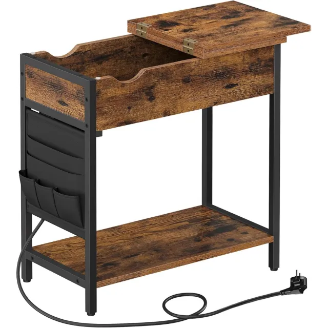 FurnStar Smalle bijzettafel – Nachtkastje met stopcontact & USB-poorten – Inclusief stoffen opbergtas – 31,5 x 60 x 60 cm – Vintage bruin-zwart