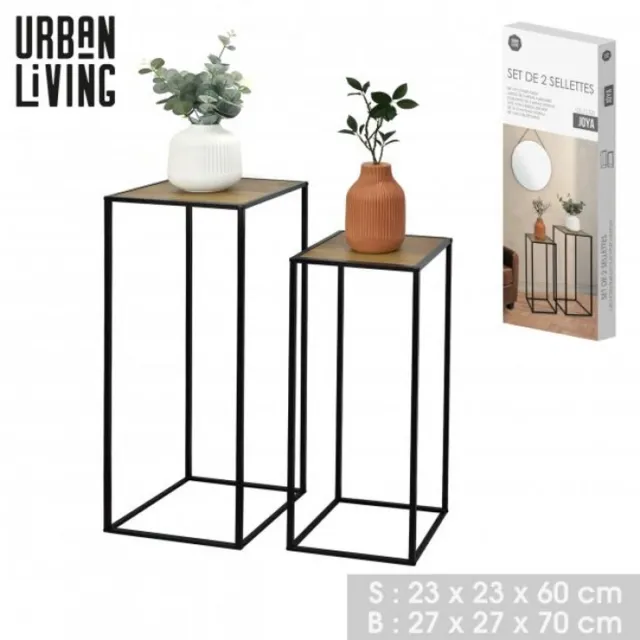 Urban Living "JOYA" Set van 2 plantenstandaards Ø23xH60 cm en Ø27xH70 cm zwart en houtlook