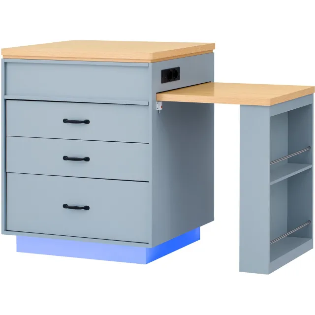 MUVANO Uitschuifbare eettafel - Keukeneiland met lades en wielen - LED en USB-C - MDF en spaanplaat - 125,5–187,5 x 71 x 93 cm - Keuken - Blauw