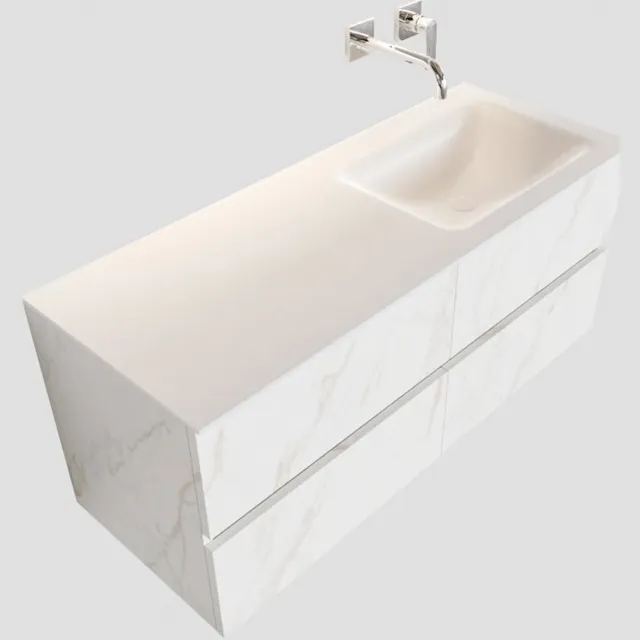 Boss & Wessing Badkamermeubel BWS Valencia Carrara Mat 120 cm Solid Surface Wastafel Rechthoekige Wasbak Rechts (0 kraangaten, 4 lades)
