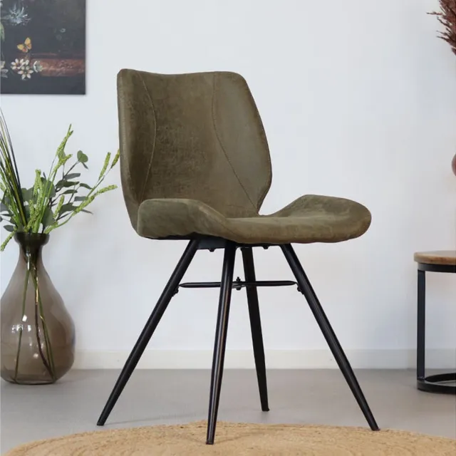 Bronx71 Industriële eetkamerstoel Barrel olijfgroen eco leer - Eetkamerstoelen set van 4 - stoel