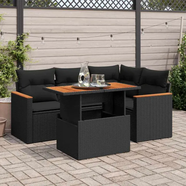 vidaXL 5-delige Loungeset met kussens poly rattan acacia zwart, foto 2