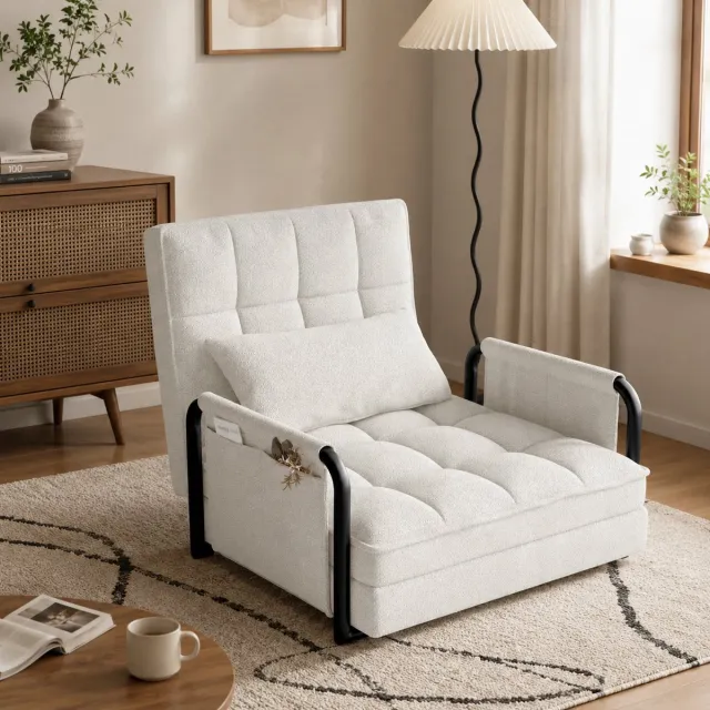 MEXUS Slaapstoel - Vijf verstelbare posities - Eenpersoons slaapbank Met armleuningen en rugsteun - Logeerstoel Met zijzakken - Slaapfauteuil - Logeerbed - Metalen poten - Teddy - Beige