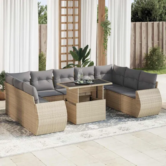 vidaXL 10-delige Loungeset met kussens poly rattan beige, foto 2