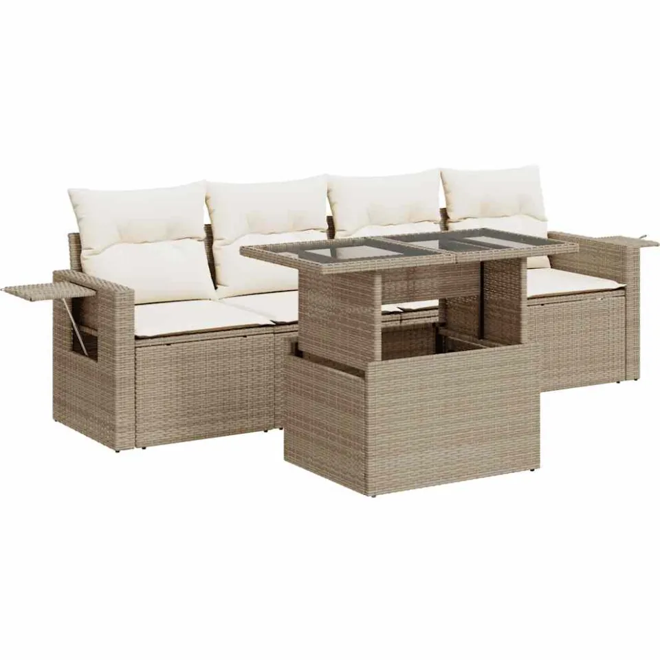 vidaXL 5-delige Loungeset met kussens poly rattan beige, foto 3