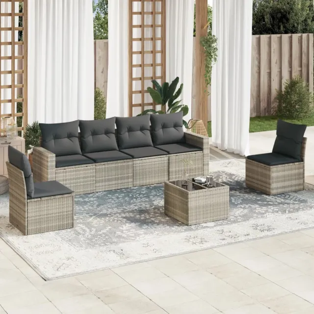 vidaXL 7-delige Loungeset met kussens poly rattan lichtgrijs grijs, foto 2