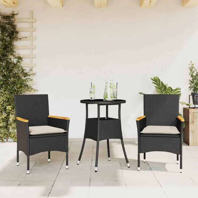 vidaXL 3-delige Tuinset met kussens poly rattan en glas zwart, foto 2