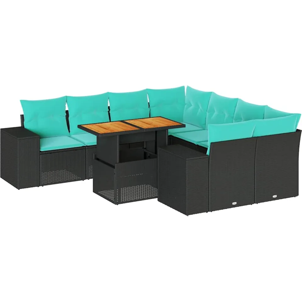 vidaXL 9-delige Loungeset met kussens poly rattan zwart