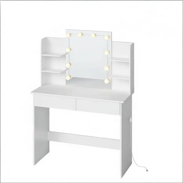 Ropilly Kaptafel met Spiegel en LED Verlichting - Make-uptafel met Twee Laden en Open Vakken - Voor Slaapkamer of Dressing - Wit Massiefhout White