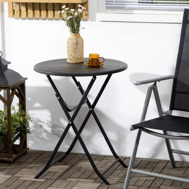 HAUSS SPOLE Tuintafel - Opklapbare Ronde Eettafel Met Houtlook Voor Balkon En Terras - HDPE Tafelblad En Stalen Frame - 60 x 73 Cm - Donkergrijs