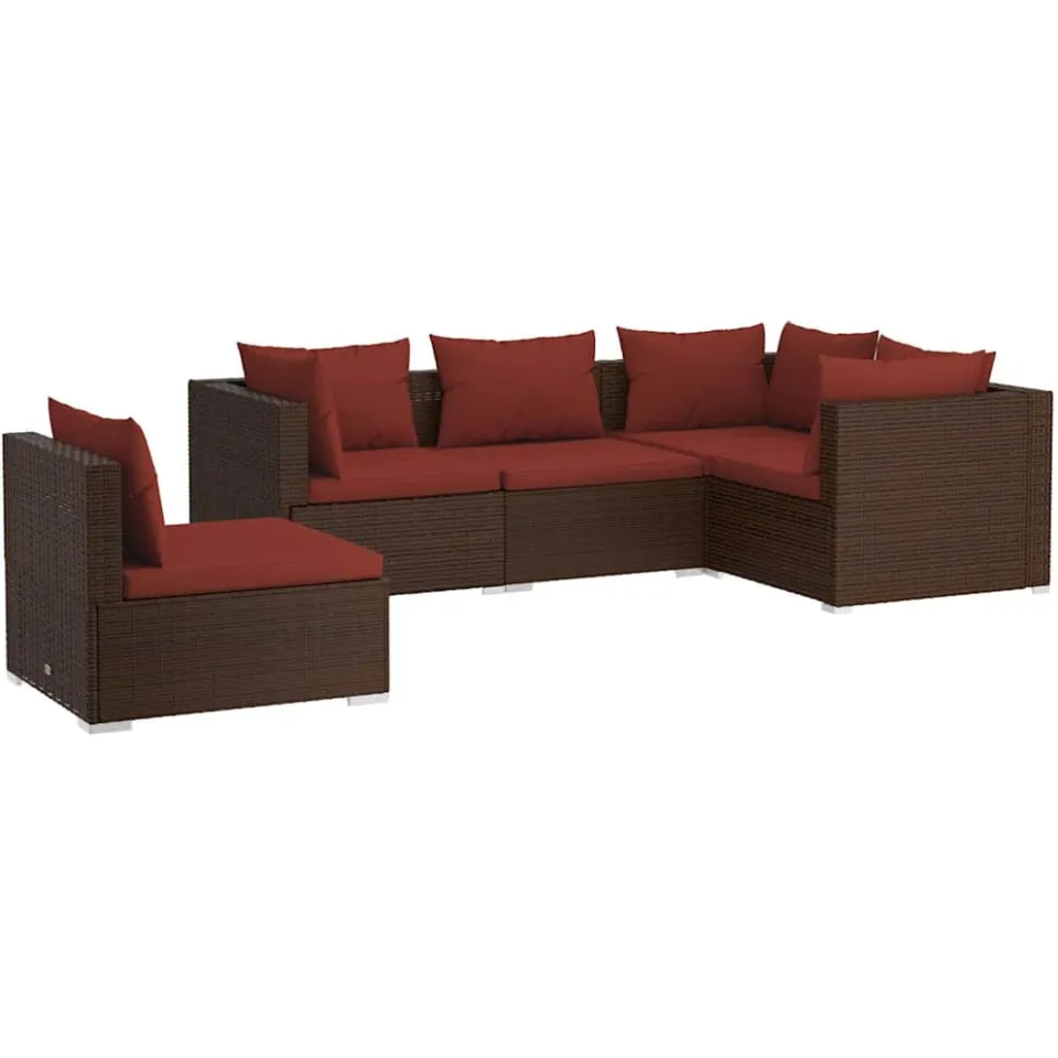 vidaXL 5-delige Loungeset met kussens poly rattan bruin