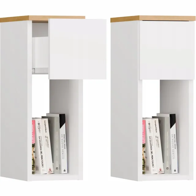 TOP E SHOP Nachtkastje GALAX 20 1S - Wit met Eikenhouten Accent - Slaapkamer