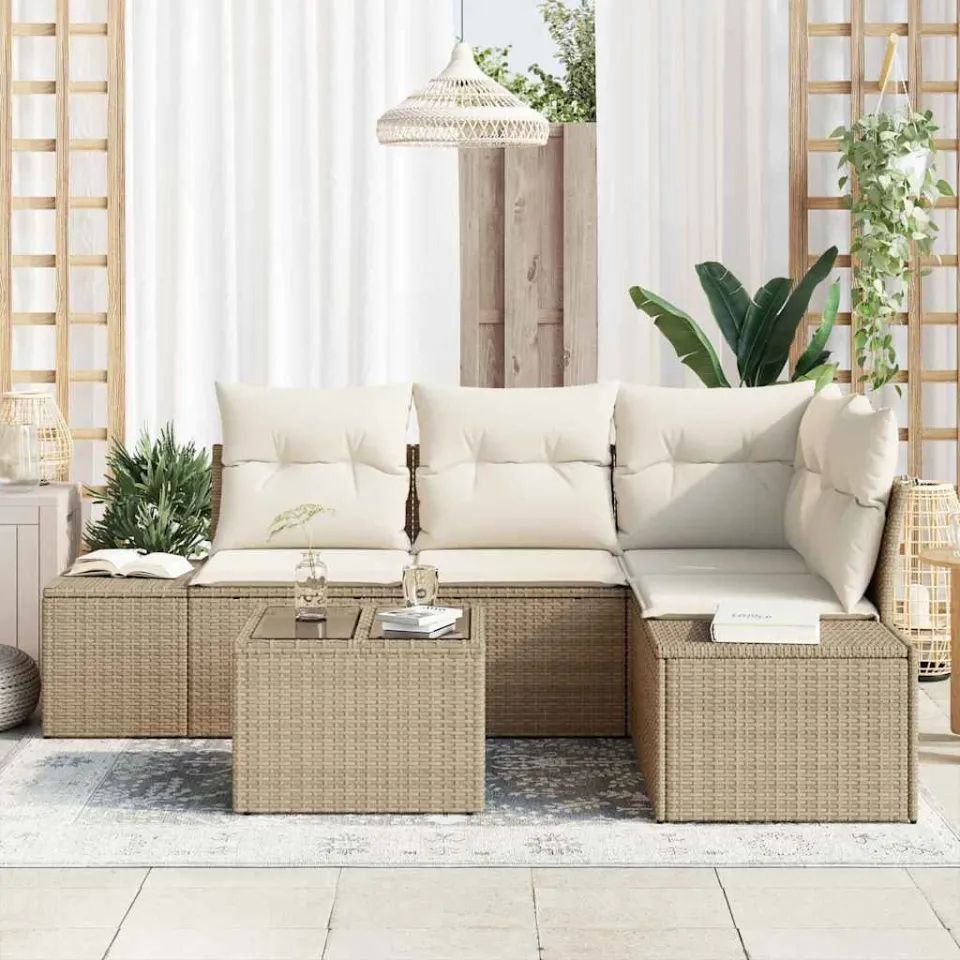vidaXL Tuinbankenset met opslag Beige en Crème poly rattan, foto 3