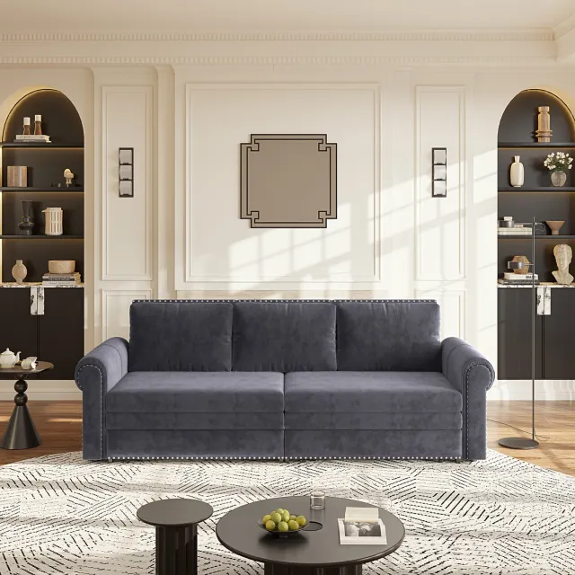 VVBV 238 cm uitschuifbare slaapsofa, 3-in-1 omvormbaar, velvet 3-zits met rolarmleuning en siernagels, grijs