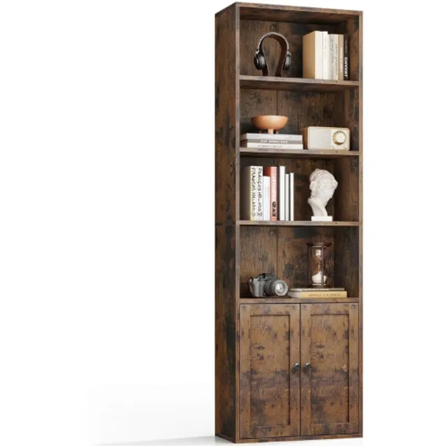 BOG 6-Lagen Boekenkast Met Deuren En Kast - Vrijstaande Boekenkast Voor Presentatie En Opslag - Boekenkasten Voor Thuis - Kantoor - Woonkamer - Slaapkamer - Bruin - 48 x 24 x 176.4 cm