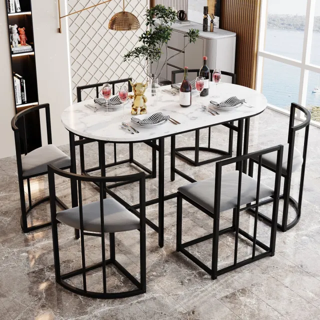 Zubaliya 6 Persoons Eettafelset 140x80 cm, Eettafel met 6 Stoelen, Witte Tafel met Grijze Velvet Zittingen en Zwarte Metalen Poten, Moderne Eethoek