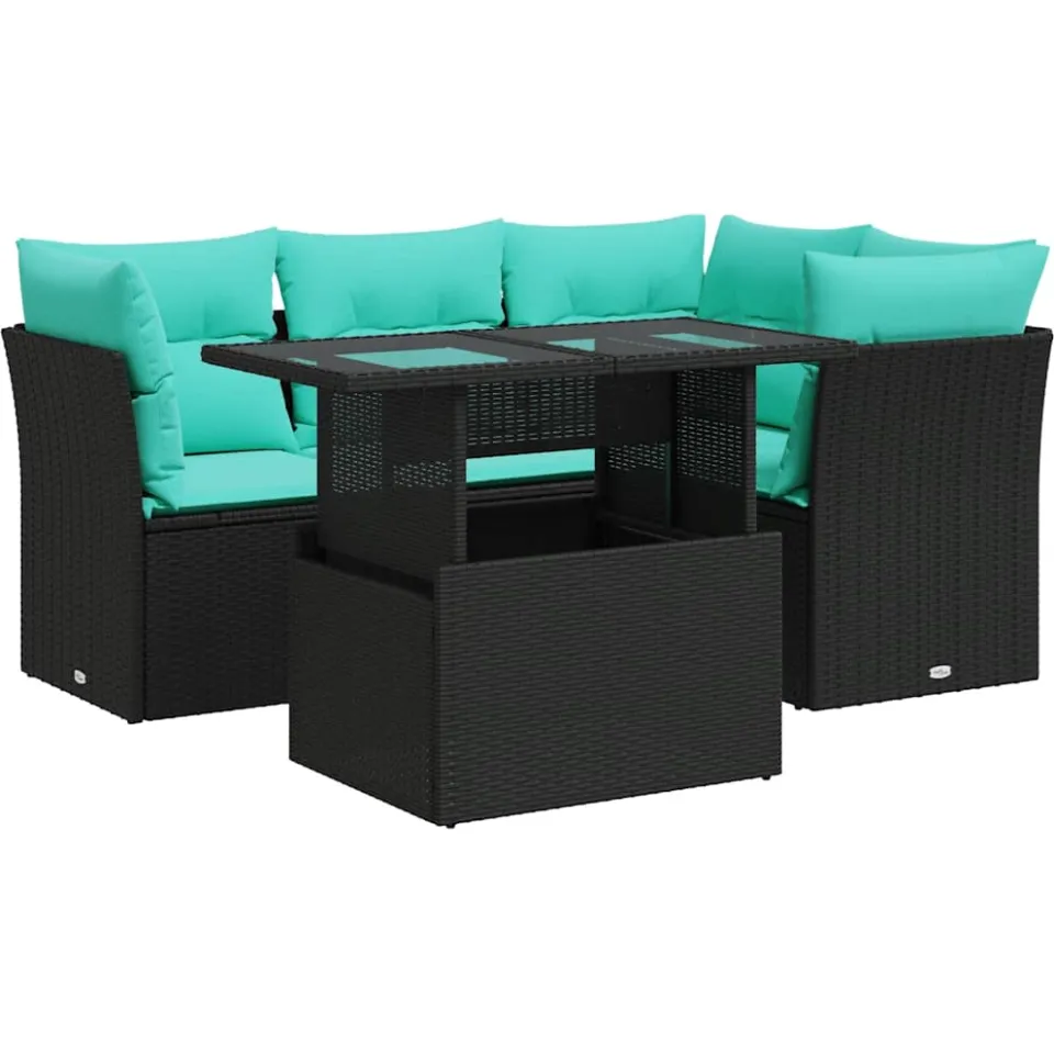 vidaXL 5-delige Loungeset met kussens poly rattan acacia zwart, foto 3