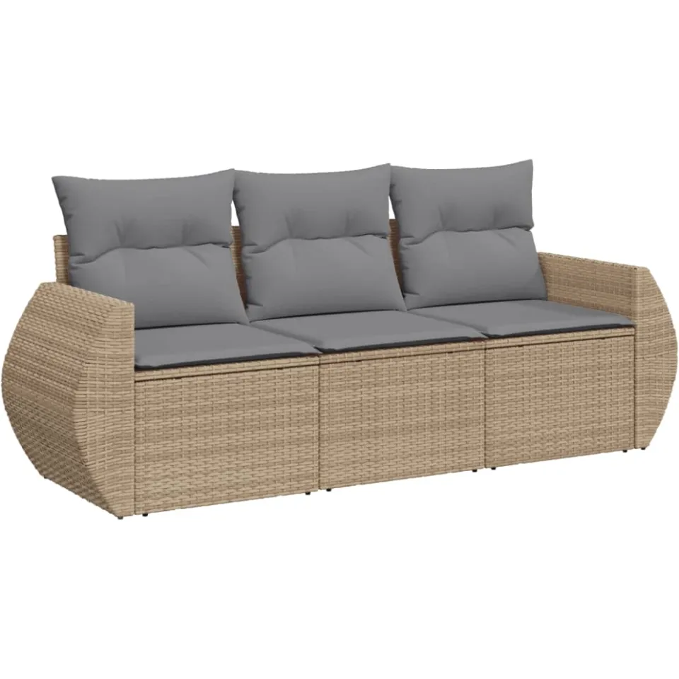 vidaXL 3-delige Loungeset met kussens poly rattan beige, foto 3