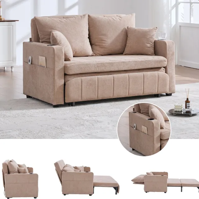 Zubaliya Uitklapbare slaapbank met USB-poort - Geschikt als sofa en gastenbed - 2-zits - Khaki chenille - Inclusief 4 kussens en bekerhouders - Opbergvakken in de armleuningen