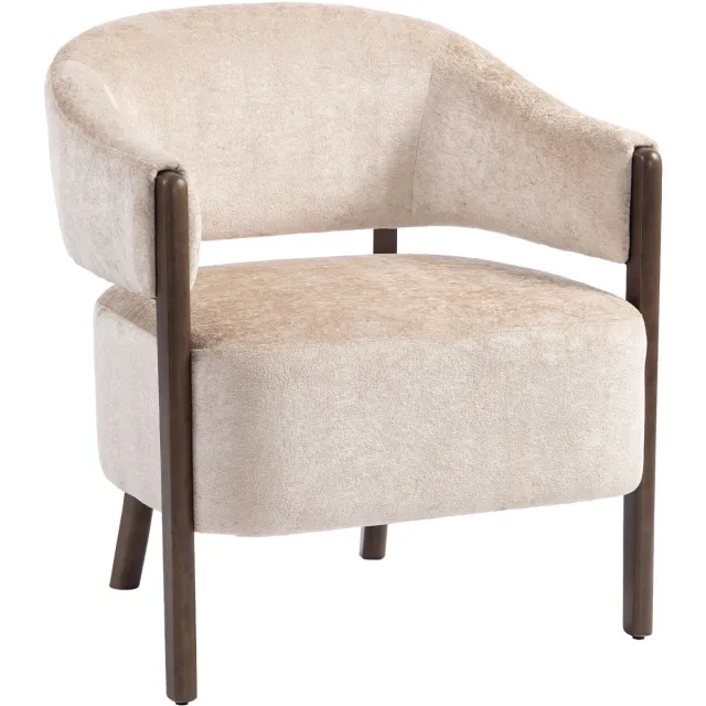 Homona Fauteuil met chenille bekleding en houten frame - 71 x 63,5 x 78,5 cm - Beige