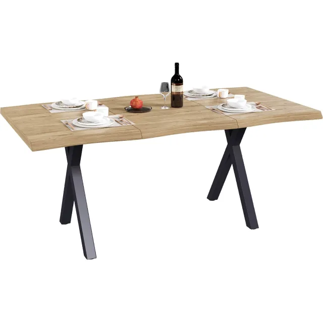 REDOM Eettafel met tafelblad van 160x78 cm - Golvende rand en X-vormige ijzeren poten - Houtkleur Licht houtkleurig tafelblad met zwarte poten
