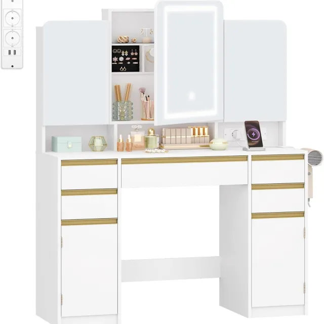 HILINSIE Kaptafel met Spiegel, Kaptafel met 10 LED-Lampen, Instelbare Helderheid, Stopcontacten, 5 Laden, 2 Kasten en 9 Open Planken, Make-up Bureau, Voor Slaapkamer, 40 × 108 × 143,2 cm, Wit