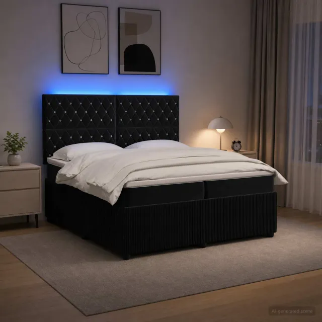 vidaXL LED Boxspring Bed met Matras Zwart 200 x 200 cm Fluweel