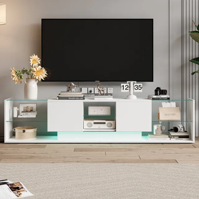 Yelenaro TV Meubel Wit, LED Tv-kast met hoogglansafwerking, 2 Lade, Glazen planken, 200x35x45cm