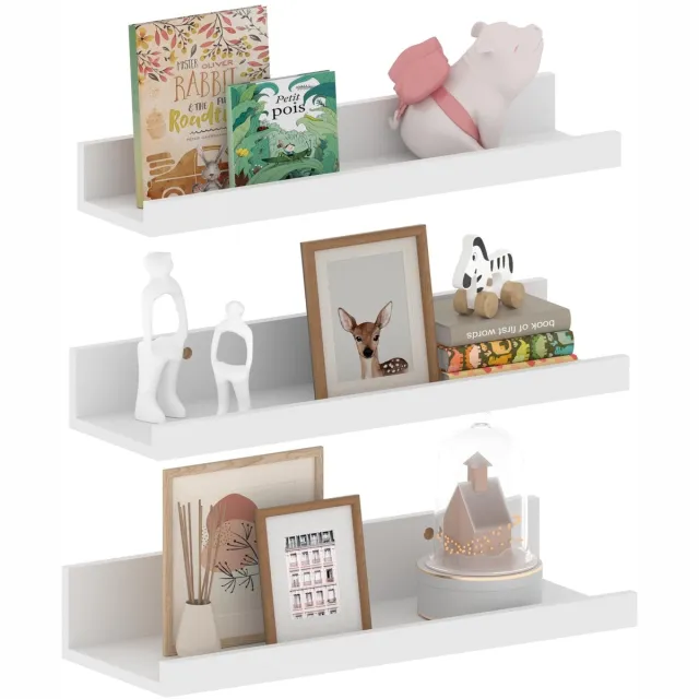 EXYGLO 40 cm lange wandplank wit, zwevende plank voor op de foto voor woonkamer, keuken, kinderkamer, studeerkamer of slaapkamer, 3 stuks met verschillende maten