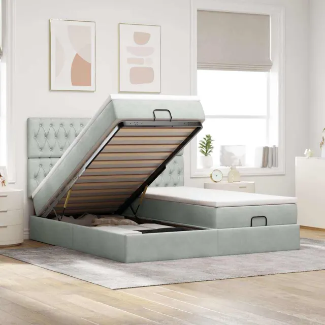 vidaXL Ottoman bed met matrassen 200x200cm fluweel lichtgrijs grijs
