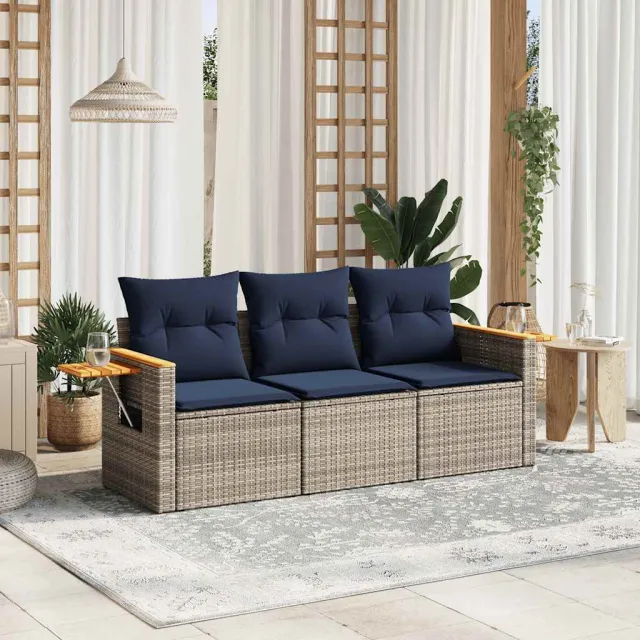 vidaXL 3-delige Loungeset met kussens poly rattan grijs, foto 2