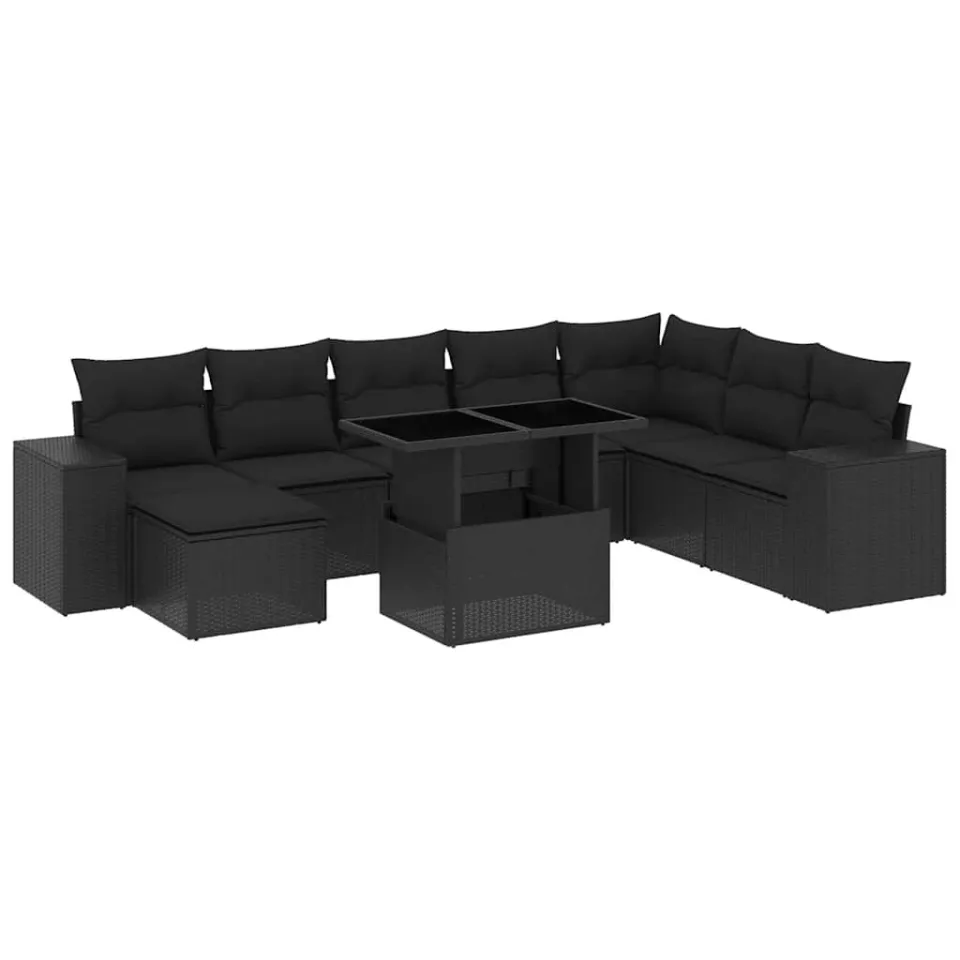 vidaXL 9-delige Loungeset met kussens poly rattan zwart, foto 3
