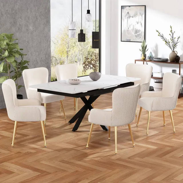 Welltin Eetkamerstoel, set van 6, luxe, woonkamer, slaapkamer, loungestoel met vier gouden metalen steunpoten, met armleuningen en verstelbare voeten, lendensteun, Beige