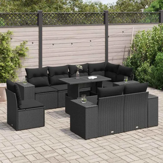 vidaXL 9-delige Loungeset met kussens poly rattan zwart, foto 2
